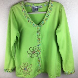 Michael Simon Lite Women's Bright Green Floral Button Front Cardigan Top Size M